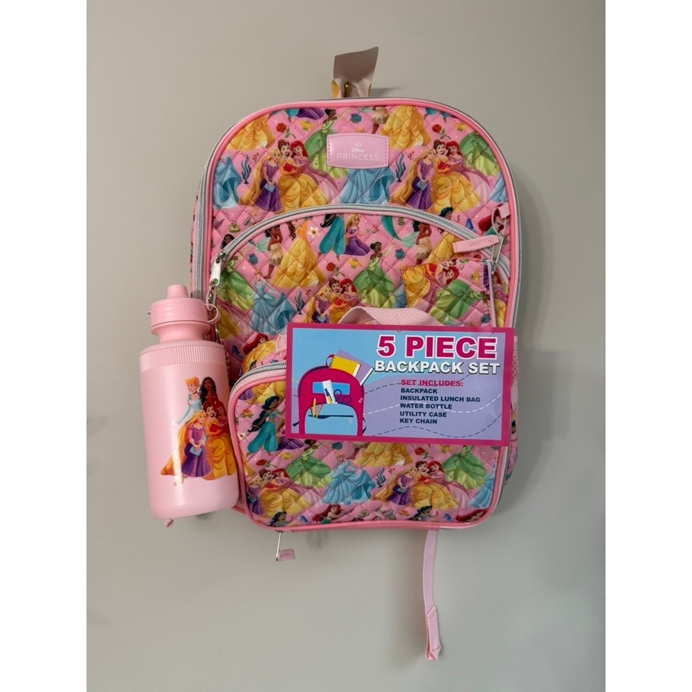 Disney Princess Backpack Set Girls OS Pink Quilted 5pc Lunch Water Bottle NWT